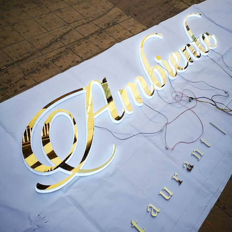 Горячая продажа Золотой хром зеркало с подсветкой и боковым освещением канал письмо для ресторана вывески