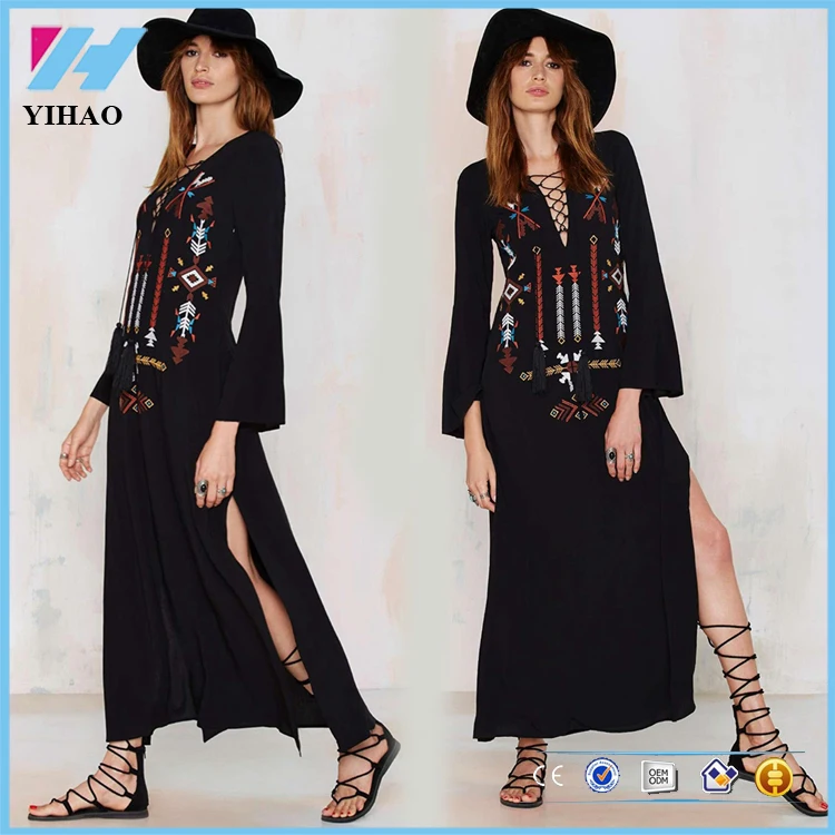 Yihao 2020 Donna Vestito Lungo Sexy Profondo Scollo A V Nero Hippie Chic Ricamo Maxi Abiti A Manica Lunga Con Spacco Donne Abbigliamento Buy Donne Che Coprono Vestito Lungo Vestito Nero Product On