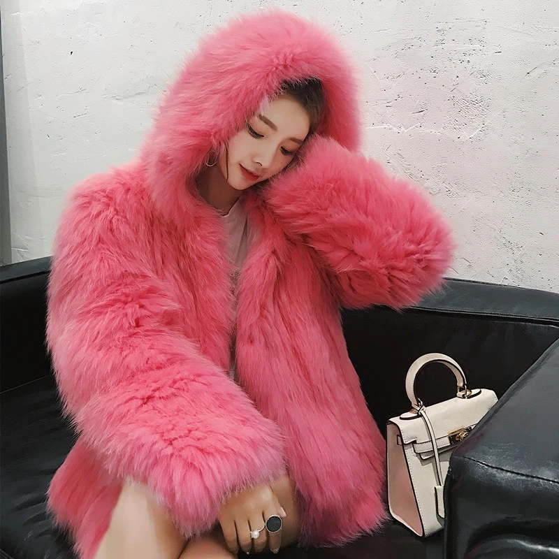 YR1088 YRFUR Bright Color Women Fox Fur Hand Knit Hooded Fur