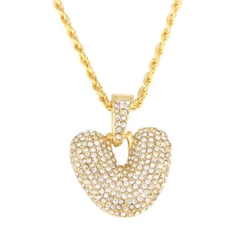 24inch Rope Chain A - Z Initial Gold Crystal Paved Iced Out Bubble Letter Necklace HipHop Jewelry