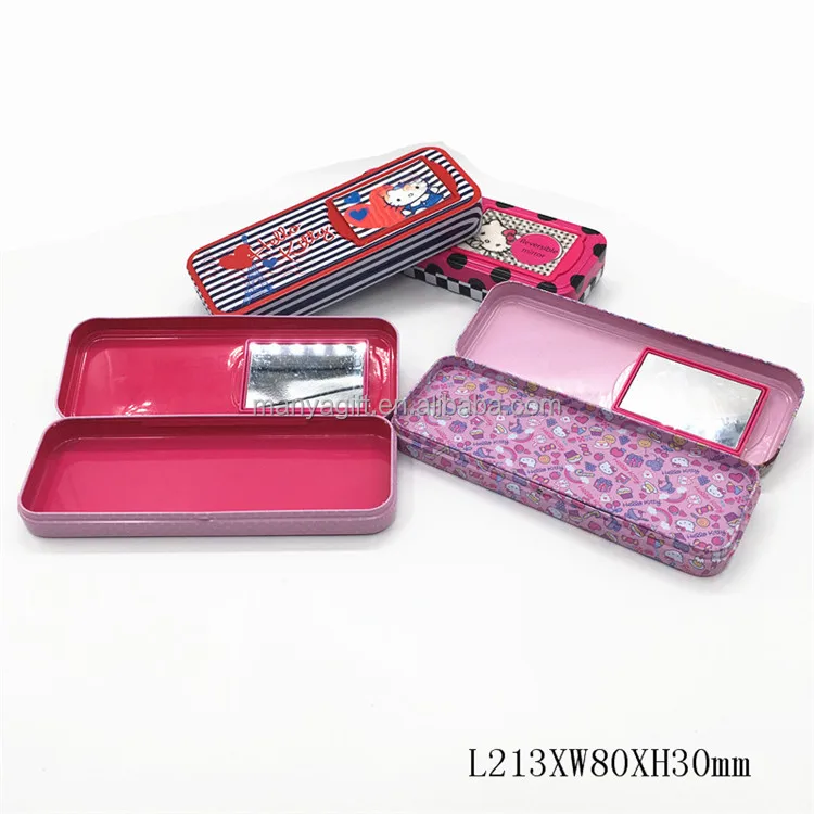 Высокое качество оптовая продажа недорогая жестяная коробка для карандашей hello kitty с обратным зеркалом