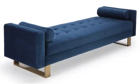 Ворсовая бархатная скамейка темно-синего цвета с золотыми дужками