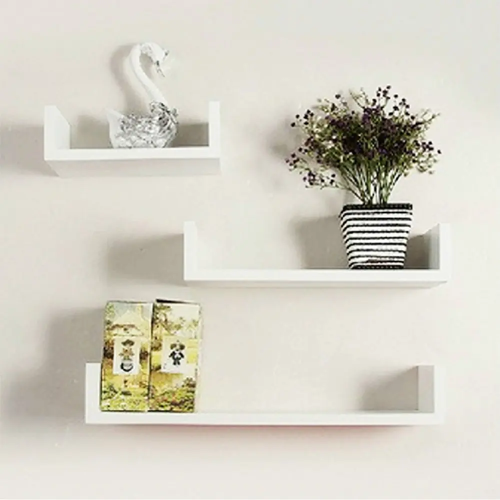 Set of 3 U Shape MDF Wall Mount Floating Black Shelves for Room and Office Book Display Stand