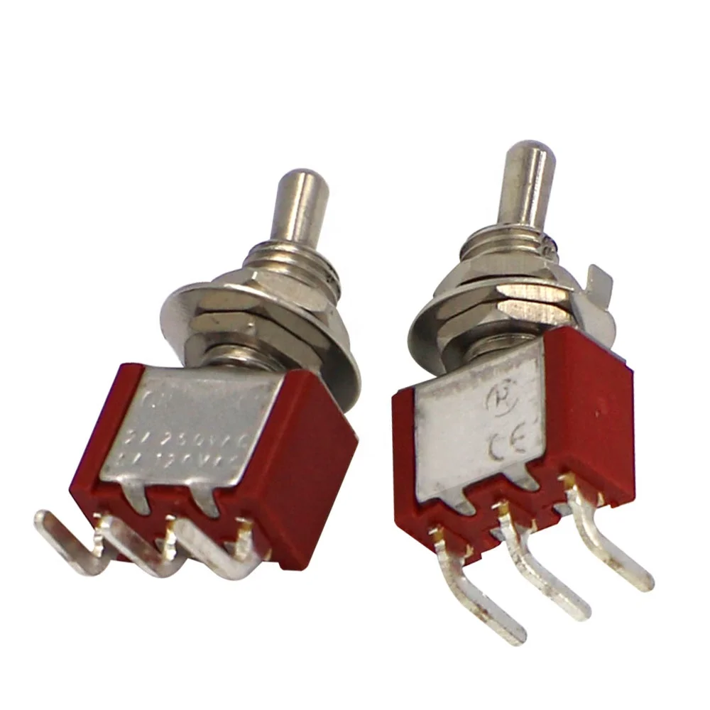MTS Mini SPST on on Right Angle  PCB Short Handle Red Toggle Switch