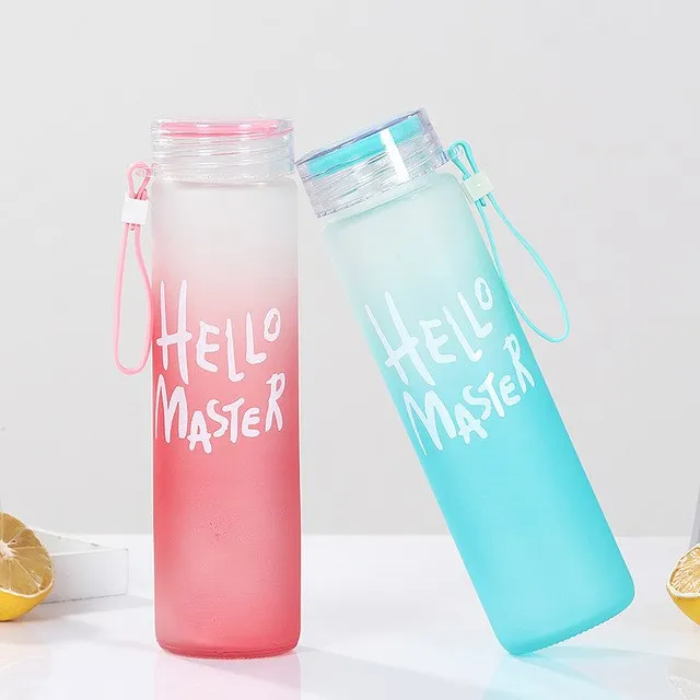 Reusable Glass Water Bottle High Quality 450ml with Lid Hello Master  Graphic