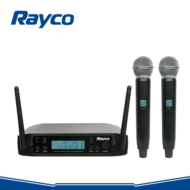 Портативная Беспроводная микрофонная система Rayco с 2 ручными микрофонами, Беспроводная для сцены, церкви, свадьбы, вечеринки GLXD24