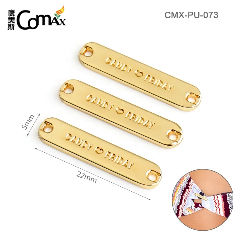 22*5 mm Golden Engraving Logo Metal Clothing Labels with Sewing 2 Holes for Swimwear Bikini Clothes Shirts Pants Abaya Hijab Hat
