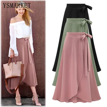 M-6XL Womens Vintage Slit Long Skirts Plus Size Ladies Jupe High Waist Bowtie Summer Slim Casual Asymmetric Skirt Saia Casual