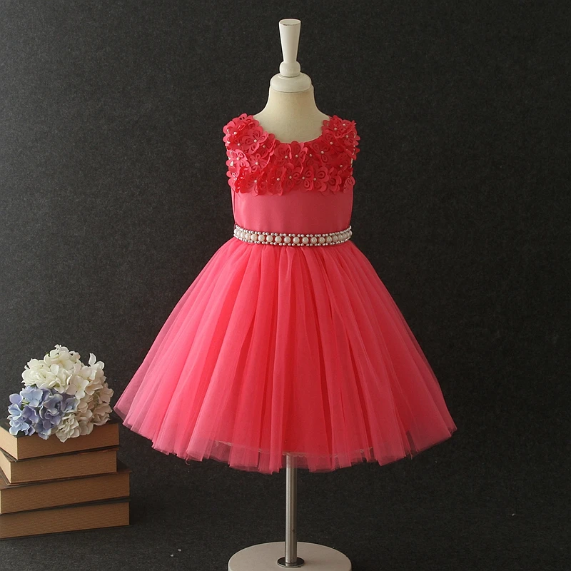 Latest Frock Design Rose Red Baptism Flower Dresses for Infant Girls of 7 Years Old