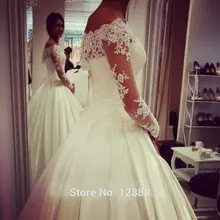 Women Dress Wedding Long Off The Shoulder Satin Lace Ball Gown Wedding Dresses With Sleeves 2015