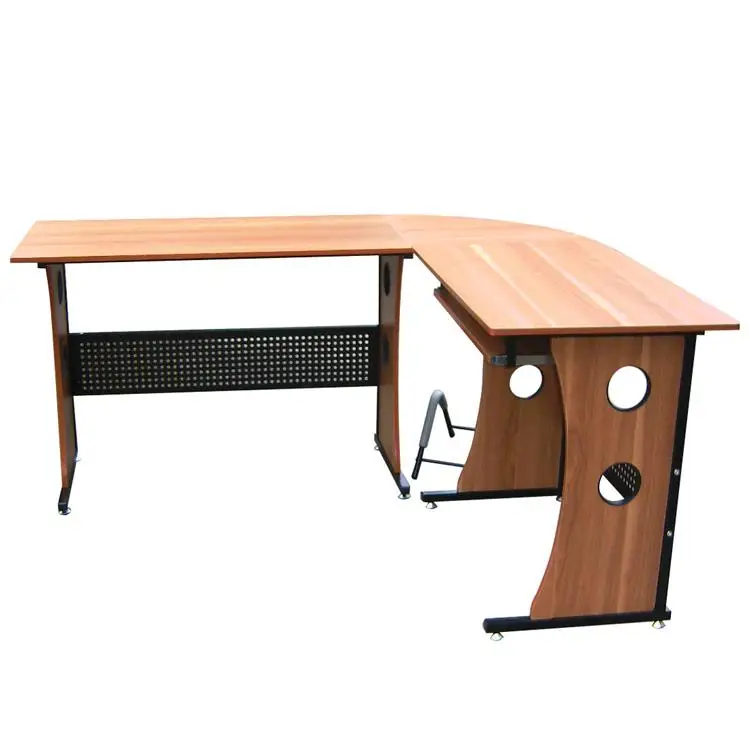 Office Corner L Shape Computer Desk of 10Mm Tempered Glass and Wooden Metal Frame