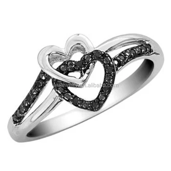 Black Diamond Double Heart Promise Ring in Sterling Silver