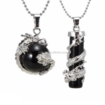 Silver Black Onyx Dragon Wrapped Round Ball+ Cylinder Healing Point Reki Gemstone Pendant 1set (2pcs )per Bag