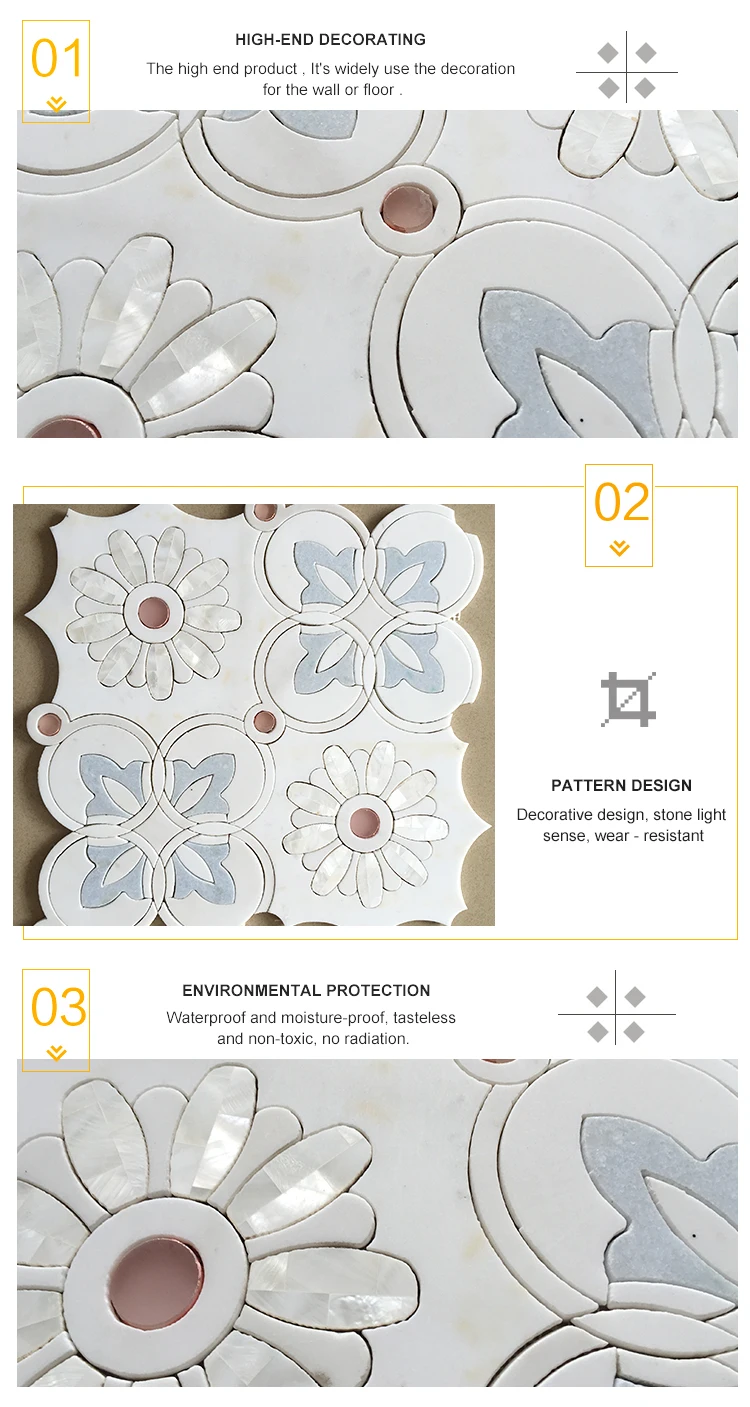 Natural Thassos White and Blue Marble Mix Mother of Pearl Shell Waterjet Flower Pattern Mosaic Tiles details