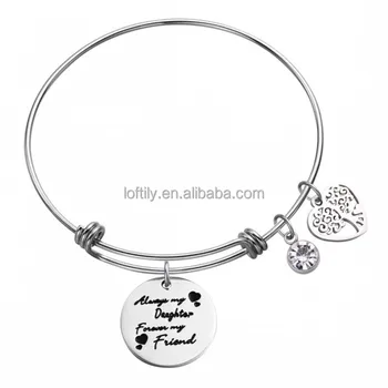 Stainless Steel Expandable Wire Bangle Family Tree Bracelet Engraved "Always My Daughter Forever My Friend: Gemstone Charm Cuff