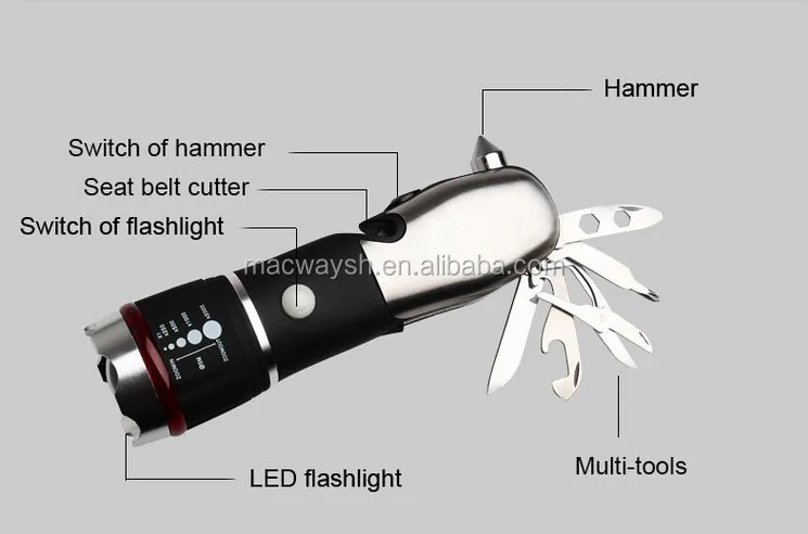 Multi Functional Camping Pocket LED Torch Zoom Multi Tool Stainless Knife Flashlight