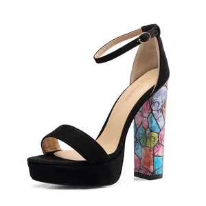 Large Size New Design Ladies Sandals Thick High Heel Shoes Print Chunky Heels Open Toe Waterproof Platform