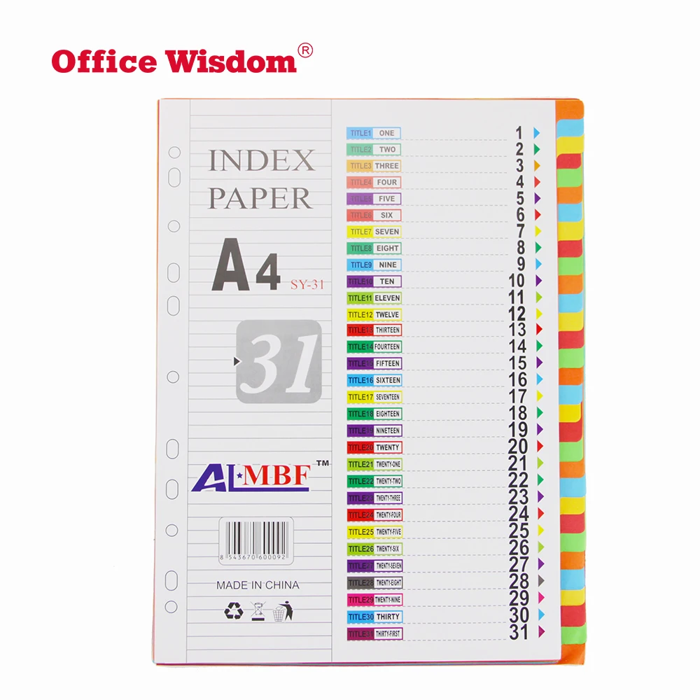 31 Sheets Plastic Index File Divider A4 Colorful Plastic File Dividers
