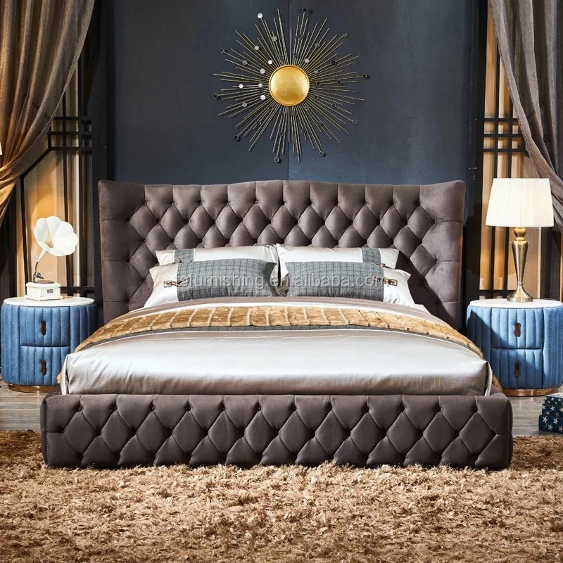 FO228 Italian Bed Moder Upholstery Grey Velvet Bed Soft Victorian Bedroom Furniture Set/ Fabric Modern Bedroom Furniture