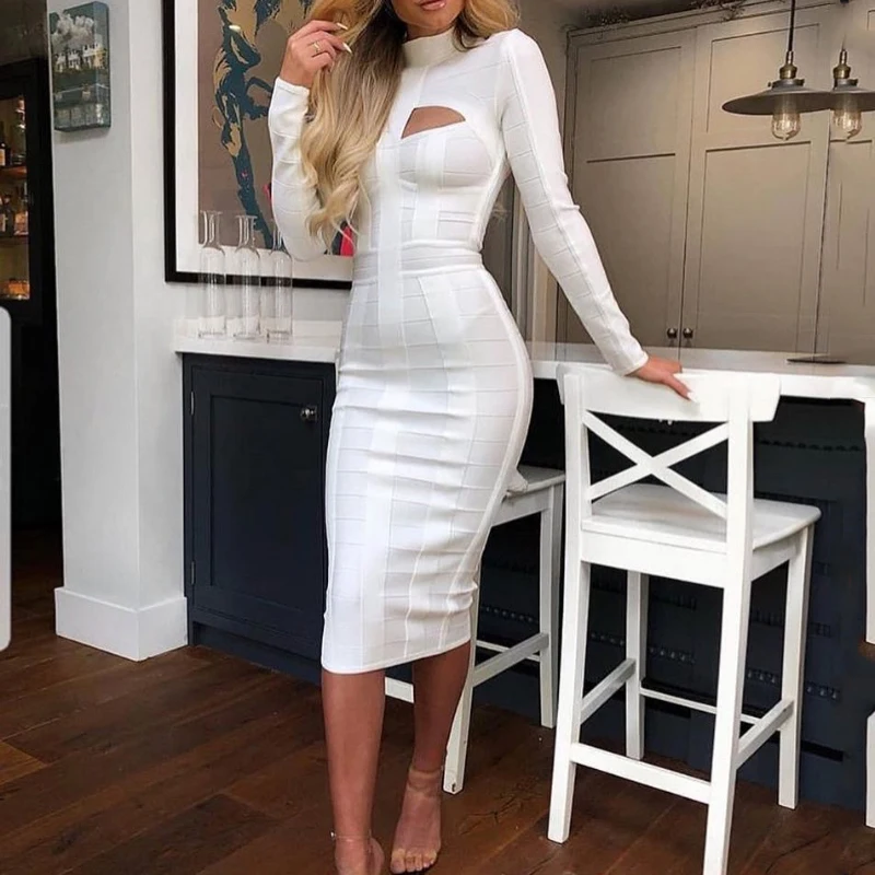 White Long Sleeve Bandage Dress - Elegant Party Attire White Long Sleeve Bandage Dress - Elegant Party Attire