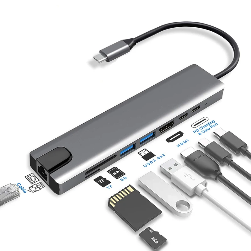 Multi-function Aluminium Alloy Dual USB-C/Type-C HUB Adapter with HDMI Female & 2 x USB 3.0 Ports & 2 x USB-C/Type-C Ports & SD Card Slot & TF Card Slot USB cables USB 