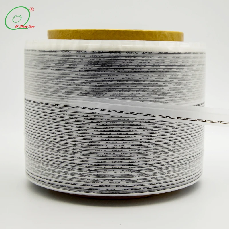 7mm Glue Antistatic Bopp Film Resealable Bag Sealing Tape with Red Liner Printing for Ldpe Polybag details
