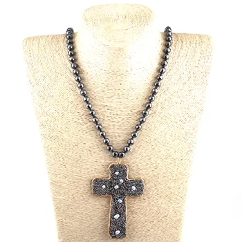 Fashion Hematite necklaces Beads Knotted Crystal Pave Cross Necklace jewelry Dropship