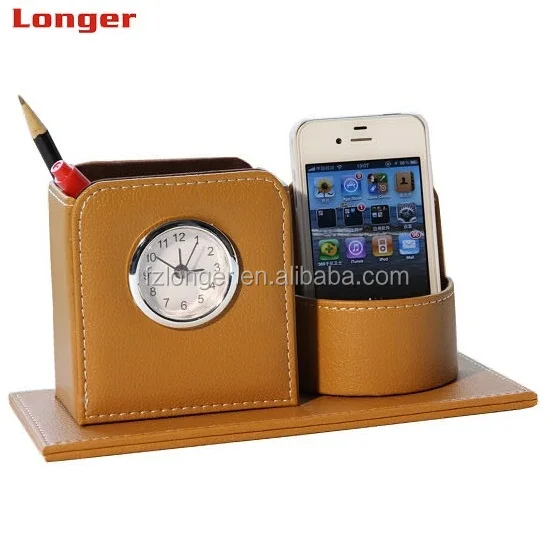 LG2002 Custom Brown Pu Leather Office Pen Holder With Clock