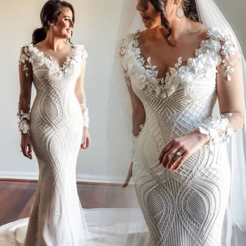 5278#Vintage Sweep Train Mermaid Illusion Long Sleeve V-Neck 3D Flowers Beading Lace Wedding Dress Bridal Gown Plus Size