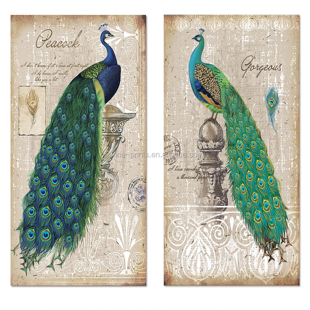 Classic Style Two Peacock Painting Canvas Wall Art Framed Animal Drawing  Picture Print(20