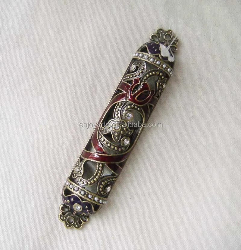 Antique Brass Amber Hand Enameled And Jeweled Hollow Metal Alloy Jewish Scroll Mezuzah Case