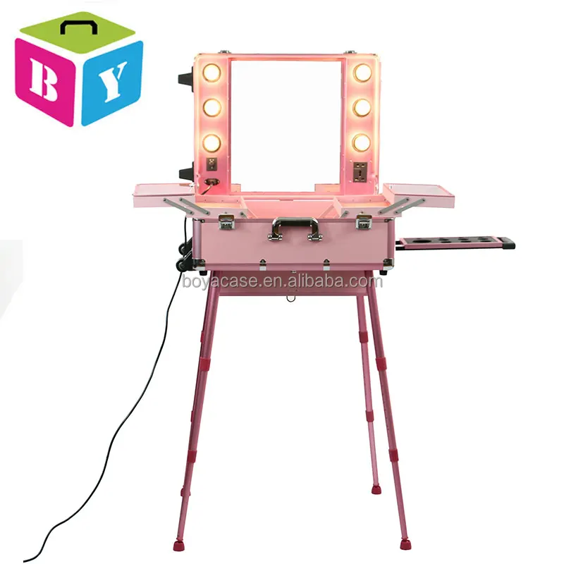 Black Pink Foldable Lighted Aluminium Aluminum Rolling Beauty Case Makeup Box With Bulbs Mirror