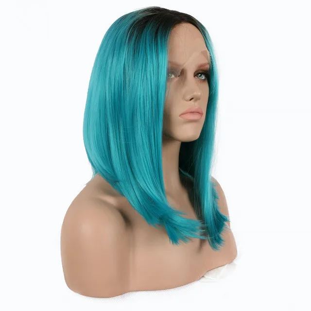 Straight Short Bob Lob Style Heat Resistant Synthetic Lace Front Wig Green  Ombre Color Dark Roots Turquoise Color Hair - Buy Synthetic Hair,Synthetic  Wig,Lace Front Wig Product on 