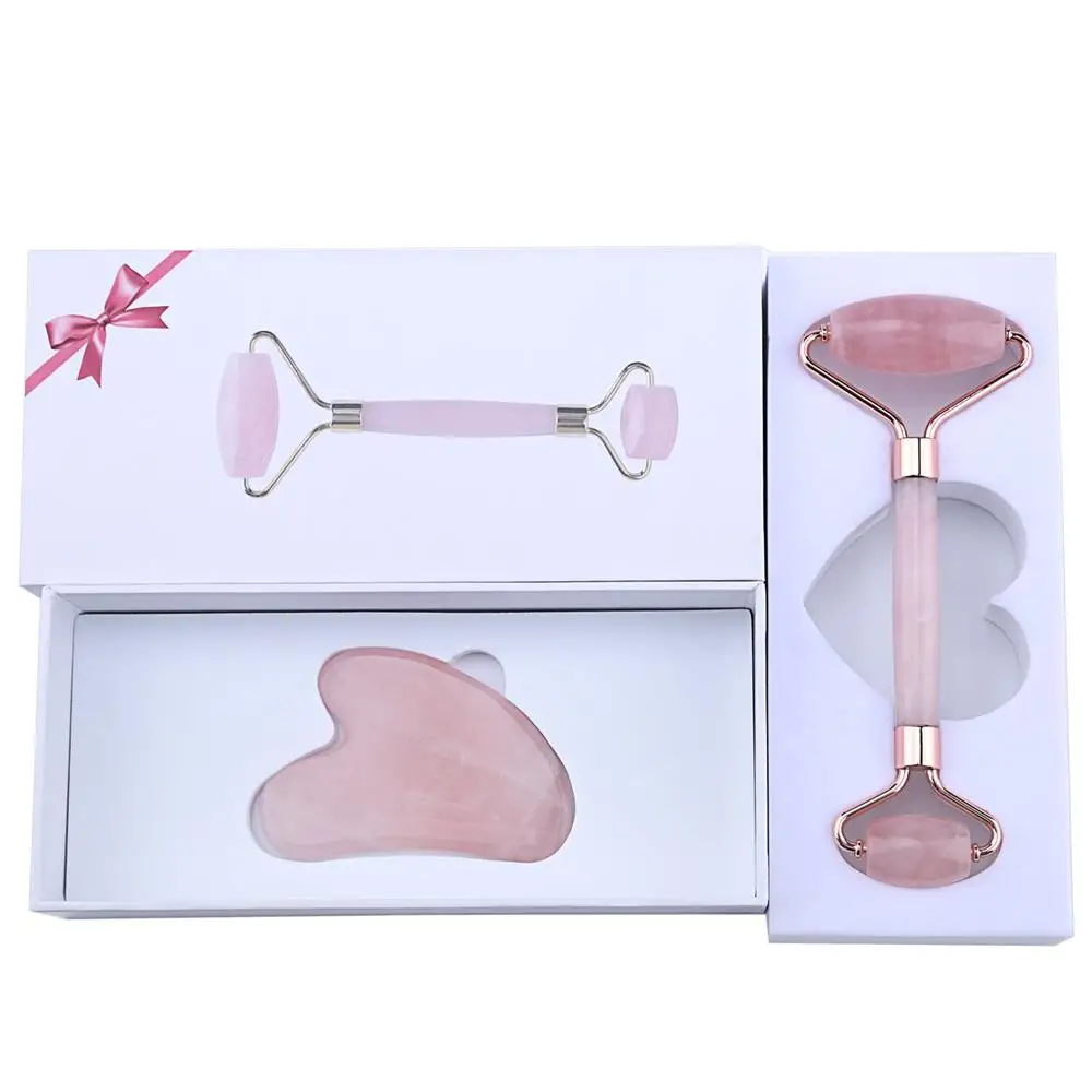 Высокое качество лучший новый натуральный розовый кварцевый розовый Нефритовый камень роллер для массажа лица gua sha Набор для лица