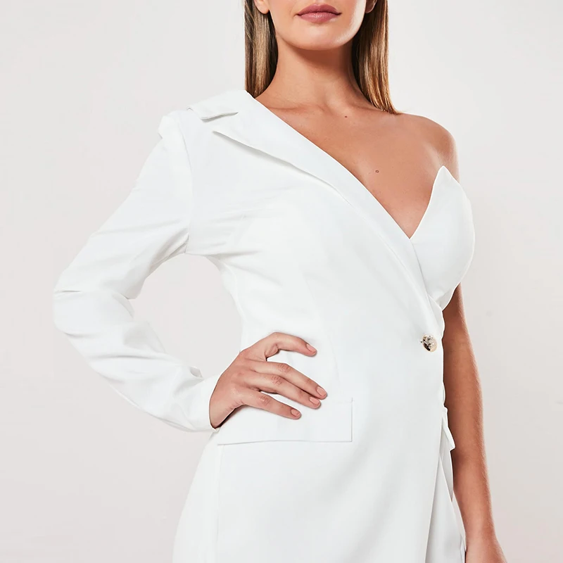 White Asymmetrical Mini One Shoulder Zip Front blazer Dress Office Women  Dresses 2020