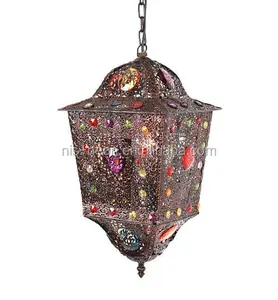 Hot Selling Moroccan Lamp Lantern Indian Lamp NS-124001 Inlaid Colorful Metal Pendant Lamp Incandescent Bulb or LED Bulb Iron Ns