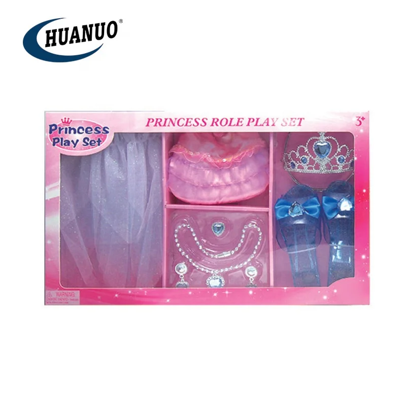 Girl Pretend Play Makeup Toy Dress up Game Princess Crown Plastic Jewelry High Heel Shoes