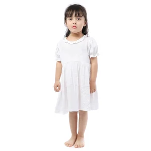 Simple Design Children 100% Cotton Clothes Girl Solid White Puff Sleeve Summer Baby  Dress