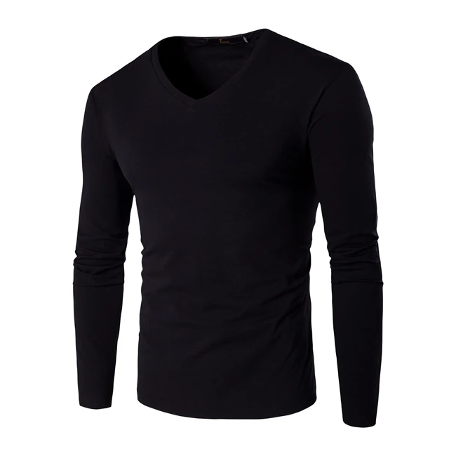 Black Plain Long Sleeve T Shirt Deep V 