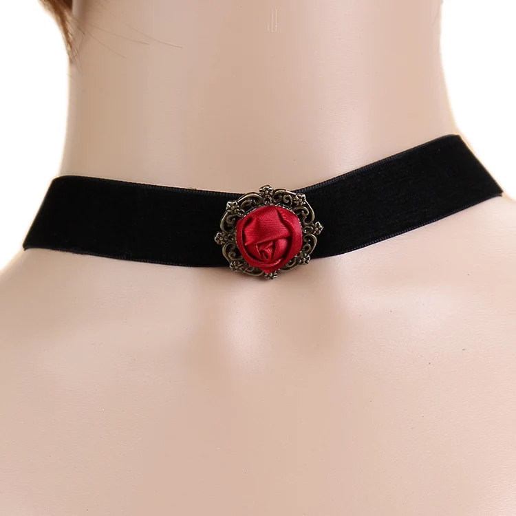 Lace Choker Black Ribbon Red Rose Short 