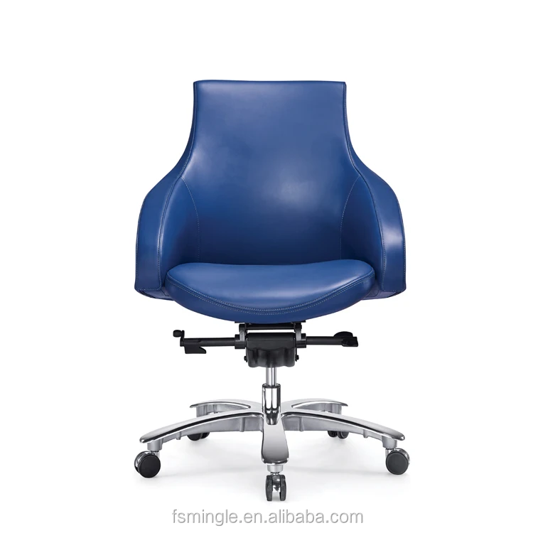 Вращающийся синий кожаный офисный стул из натуральной коровьей