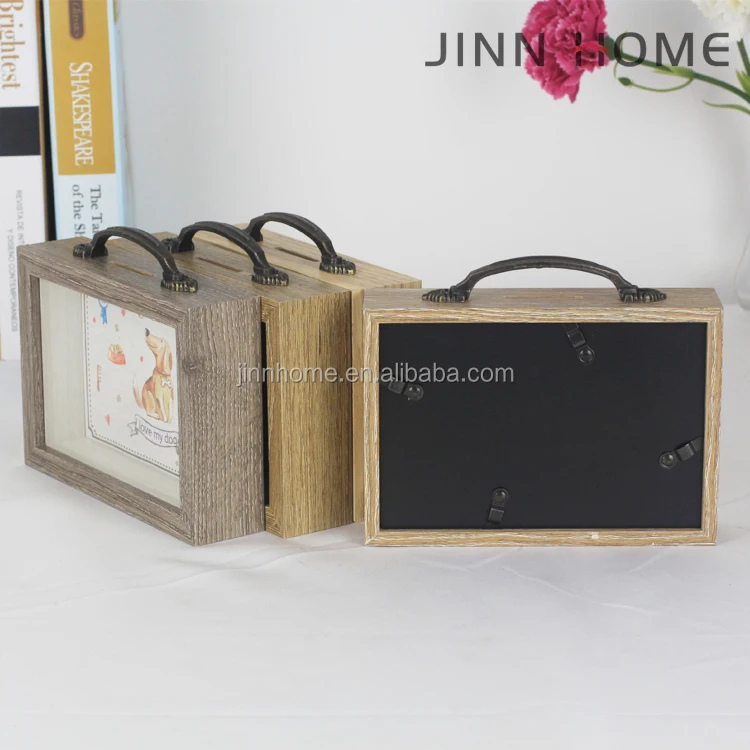 Shadow Money Box for Saving Coin Decorative Piggy Bank Box Rustic Wooden with Metal Handle for Audit or Kids Gift