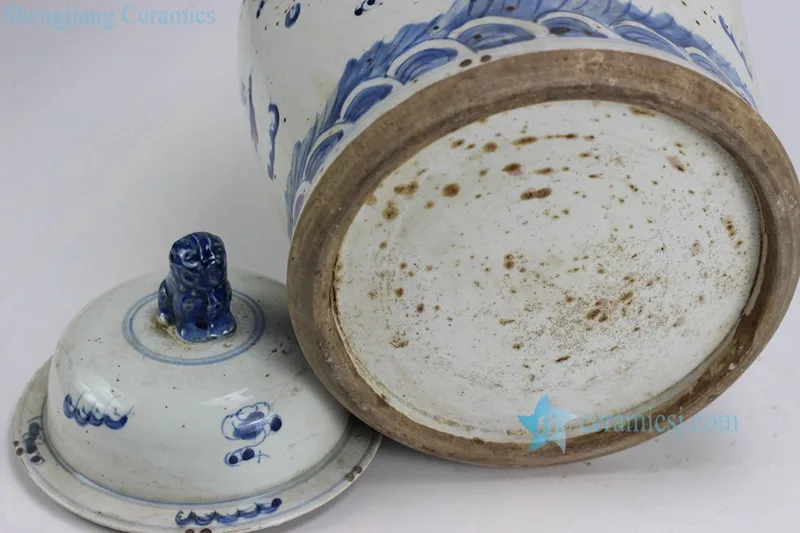 RZEY12 Series Antique Traditional Hand Painted Blue and White Dragon Ceramic Floor Vase with Lion Knob