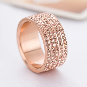 Fashion Jewelry Stainless Steel 4 Row Crystal Womens Rose Gold Finger Ring For Wedding