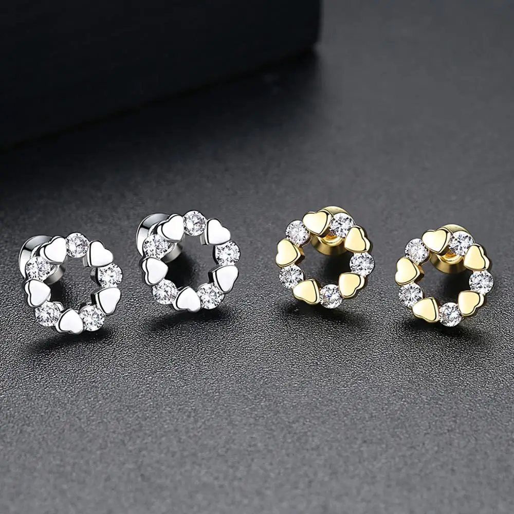 LUOTEEMI Classic Round Circle CZ Heart Halo Earrings Fashion Zircon Earring Jewelry Small Ear Studs