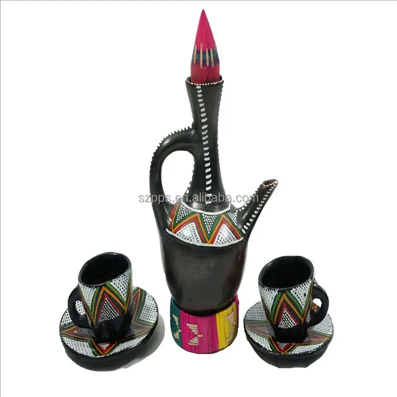 エチオピアのコーヒーポット ジェベナ 手作りの粘土製コーヒーセット