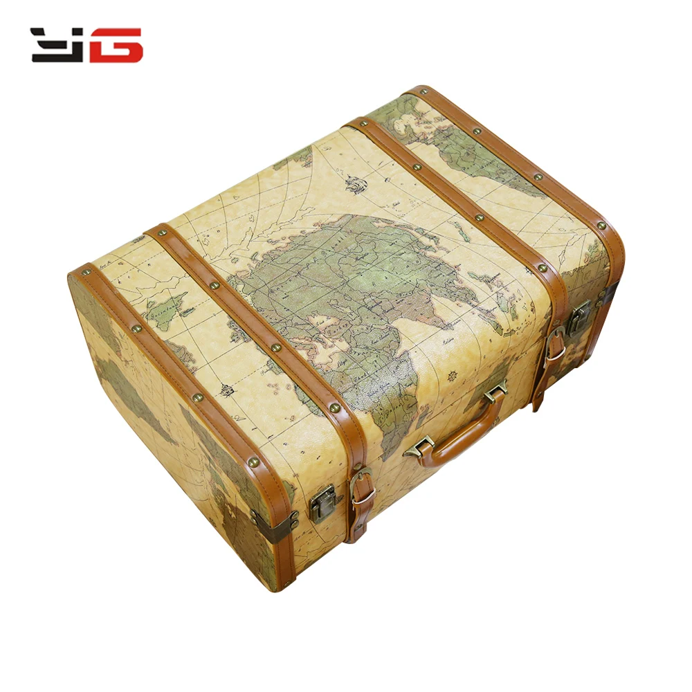 Old Trunk Yellow World Map Vintage Leather Suitcase for Prototype Room Bedroom Decoration