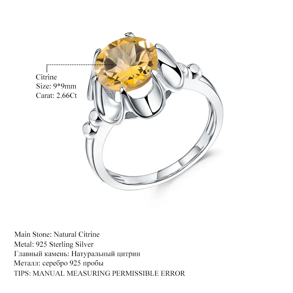 Bague En Argent 925 Avec Citrine Naturelle - Pierre Précieuse Baguette - Taille Variable (3 à 16 US) - Fait Main