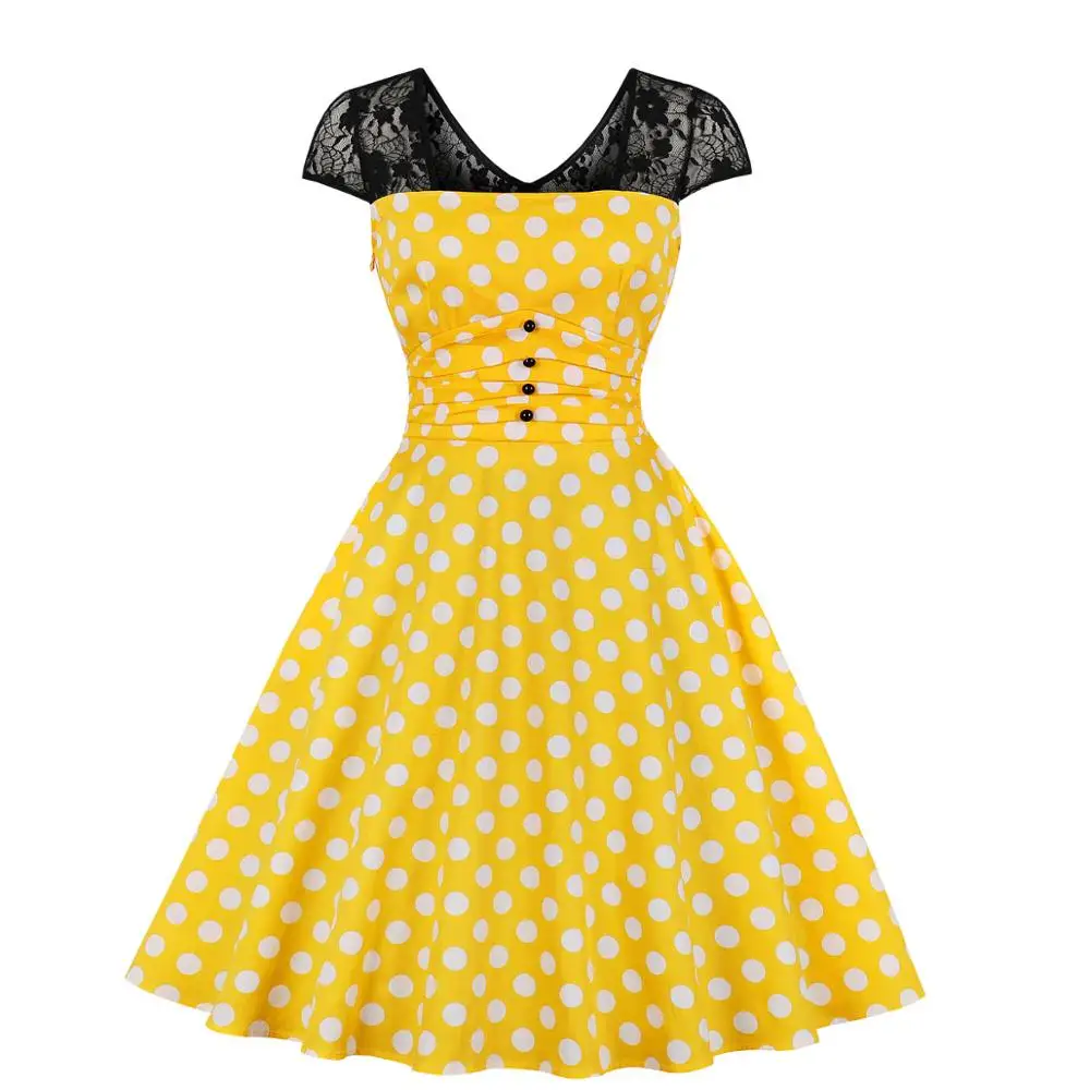Wholesale Women's Yellow Rockabilly Dress with Vintage Lace