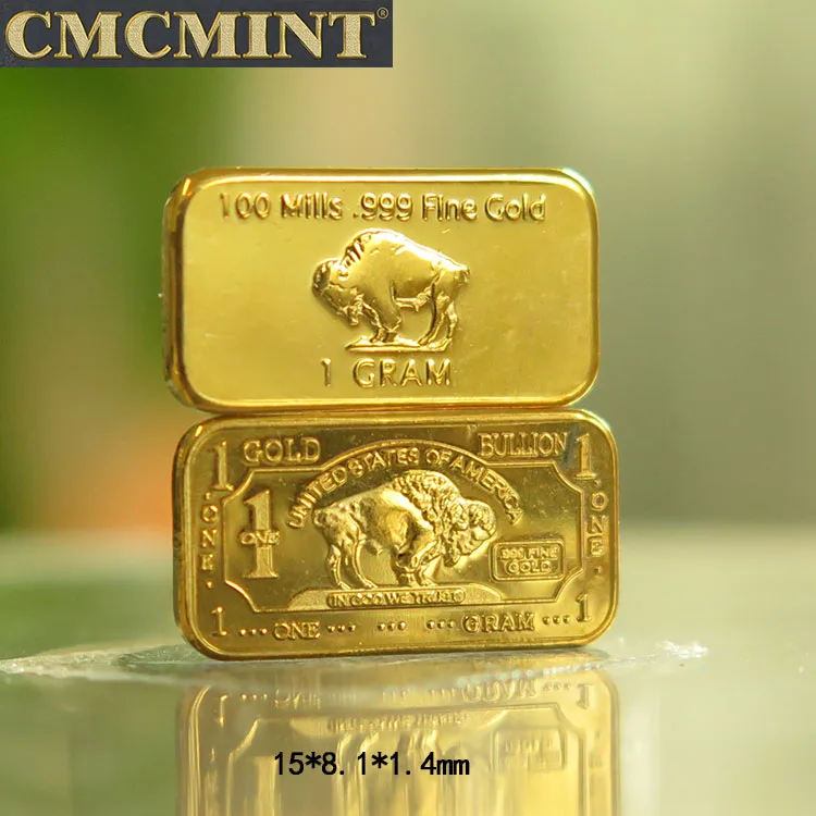 1 Gram .100 Mils Gold Plated Brass Buffalo Bars Clad Bullion With Plastic case Packing